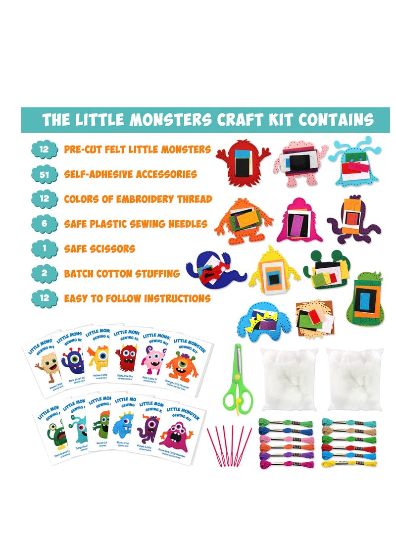 SOLARAE Little Monsters Craft Kit Adopt Monster Felt Plush DIY Sewing Art Kids Educational Kindergarten Toys Monster Bash Craft Gift Sew for Beginners Set of 12 - Image 5