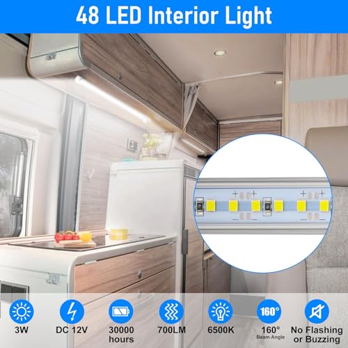 Linkstyle 2PCS 12V Interior LED Light Bar, 48 LEDs Slim Light Strip w/Switch, for Car Trailer Truck RV Van Boat, 6500K - Image 2