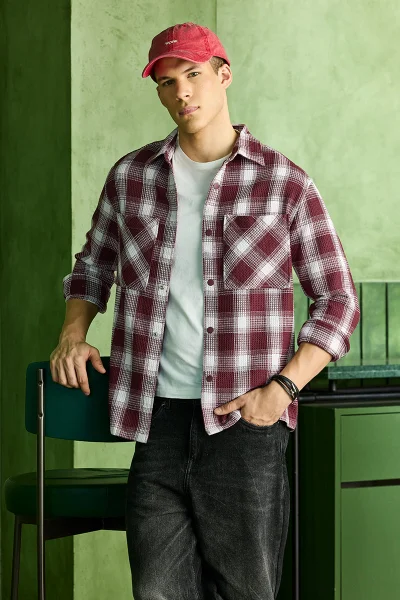SNITCH Burgundy Checks Relaxed Fit Overshirt