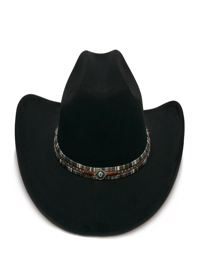 YOUBADU Faux Suede Felt Western Cowboy Hat for Women or Men, Wide Brim, Rivet Strap, Crown Black Eye, M/One size - Image 3