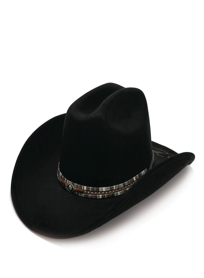 YOUBADU Faux Suede Felt Western Cowboy Hat for Women or Men, Wide Brim, Rivet Strap, Crown Black Eye, M/One size - Image 2