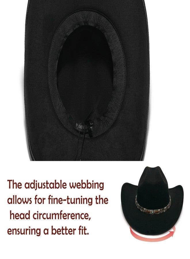 YOUBADU Faux Suede Felt Western Cowboy Hat for Women or Men, Wide Brim, Rivet Strap, Crown Black Eye, M/One size - Image 4