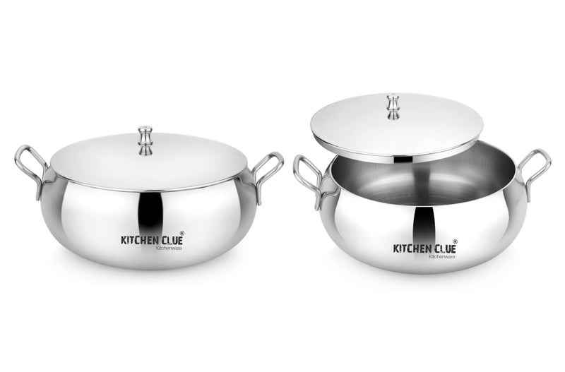 KITCHEN CLUE Stainless Steel Belly Bowl Set with Lid & 2 Pcs Serving Spoon - Pudding Containers with Handle - 2000 ML Pack of 2 Pcs - Ideal for Serving Halwa, Rice, Curry, Dry Fruits, Fresh Fruits - Image 5