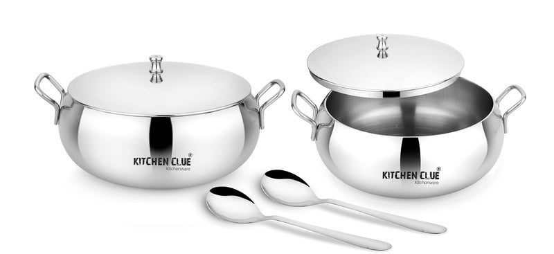 KITCHEN CLUE Stainless Steel Belly Bowl Set with Lid & 2 Pcs Serving Spoon - Pudding Containers with Handle - 2000 ML Pack of 2 Pcs - Ideal for Serving Halwa, Rice, Curry, Dry Fruits, Fresh Fruits - Image 1