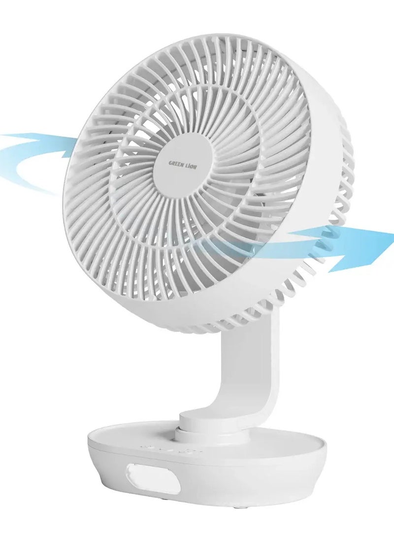 Green Lion Wireless 8" Desktop Fan, Rechargeable Battery 3000mAh, 3-Gear Speed Levels, Low & High Light Modes, 90° Angle Adjustment, 150° Oscillation, USB Type-C, Quiet Motor - White - Image 1
