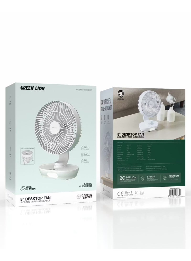 Green Lion Wireless 8" Desktop Fan, Rechargeable Battery 3000mAh, 3-Gear Speed Levels, Low & High Light Modes, 90° Angle Adjustment, 150° Oscillation, USB Type-C, Quiet Motor - White - Image 2