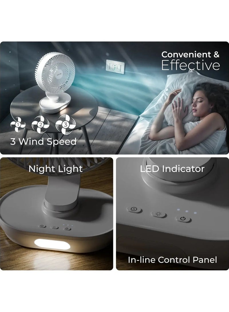 Green Lion Wireless 8" Desktop Fan, Rechargeable Battery 3000mAh, 3-Gear Speed Levels, Low & High Light Modes, 90° Angle Adjustment, 150° Oscillation, USB Type-C, Quiet Motor - White - Image 4