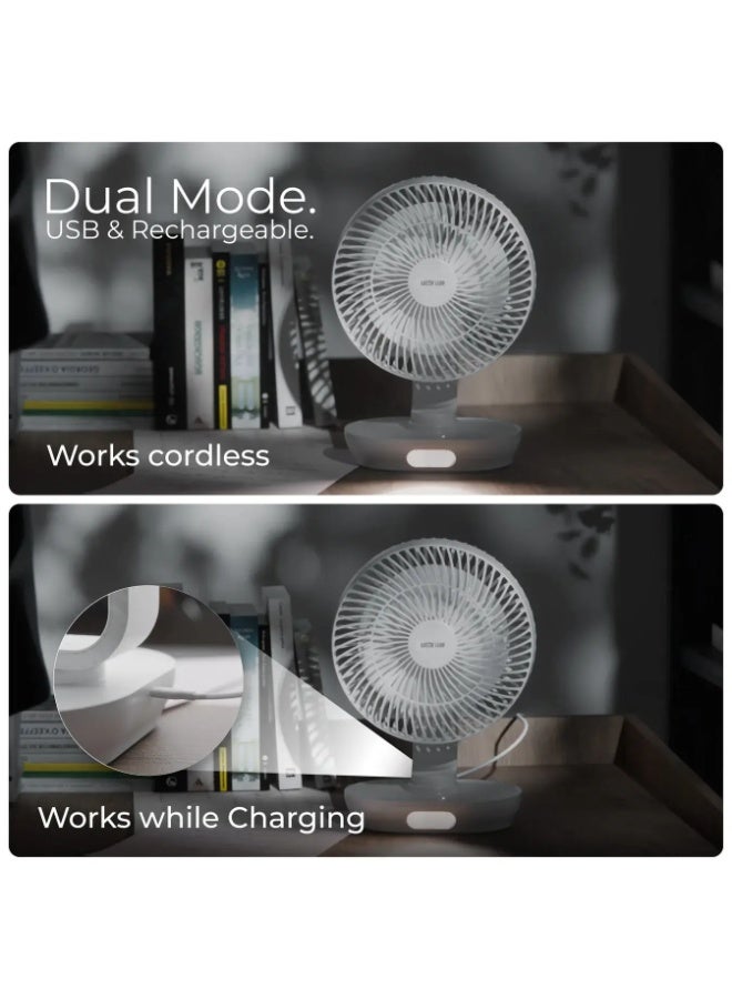 Green Lion Wireless 8" Desktop Fan, Rechargeable Battery 3000mAh, 3-Gear Speed Levels, Low & High Light Modes, 90° Angle Adjustment, 150° Oscillation, USB Type-C, Quiet Motor - White - Image 5