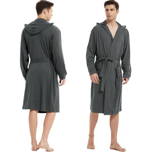 HOLOVE Lightweit Hooded Cotton Bathrobes for Men with Plus Size Soft Sleepwear (Iron Gray H 2XL/3XL) - Image 3