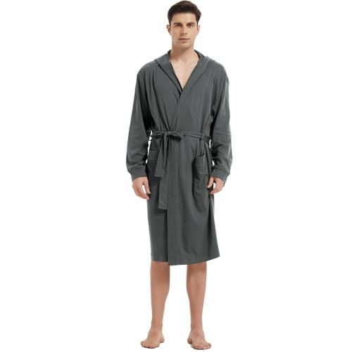 HOLOVE Lightweit Hooded Cotton Bathrobes for Men with Plus Size Soft Sleepwear (Iron Gray H 2XL/3XL) - Image 2