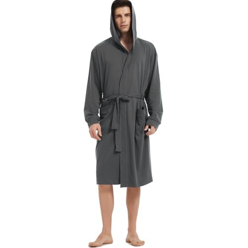 HOLOVE Lightweit Hooded Cotton Bathrobes for Men with Plus Size Soft Sleepwear (Iron Gray H 2XL/3XL) - Image 1