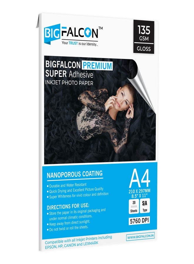 BIGFALCON Premium 135 GSM Super Self-Adhesive High Glossy Inkjet Sticker Photo Paper A4 (210x297mm) - 20 Sheets - Image 1