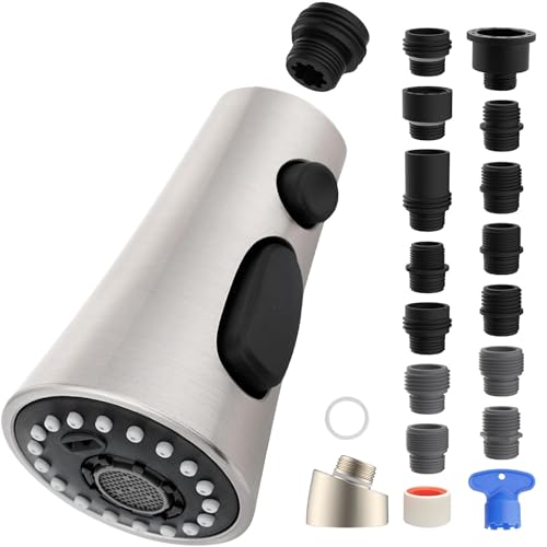 iFealClear Universal Kitchen Faucet Head Replacement, 3 Modes Pull Down Faucet Spray Head, Compatible with Moen Delta, Equipped with 15 Adapters, Brushed Nickel - Image 1