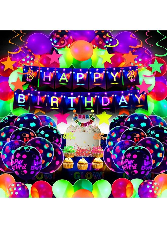 Zhanmai 83 Pieces Glow In The Dark Party Supplies Neon Birthday Party Decorations With Happy Birthday Banner Table Cloth Glow In The Dark Balloons Fluorescent Stars Cake Topper, Under Uv Blacklight Reactive - Image 2