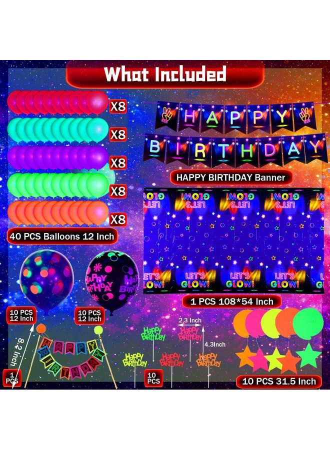 Zhanmai 83 Pieces Glow In The Dark Party Supplies Neon Birthday Party Decorations With Happy Birthday Banner Table Cloth Glow In The Dark Balloons Fluorescent Stars Cake Topper, Under Uv Blacklight Reactive - Image 3