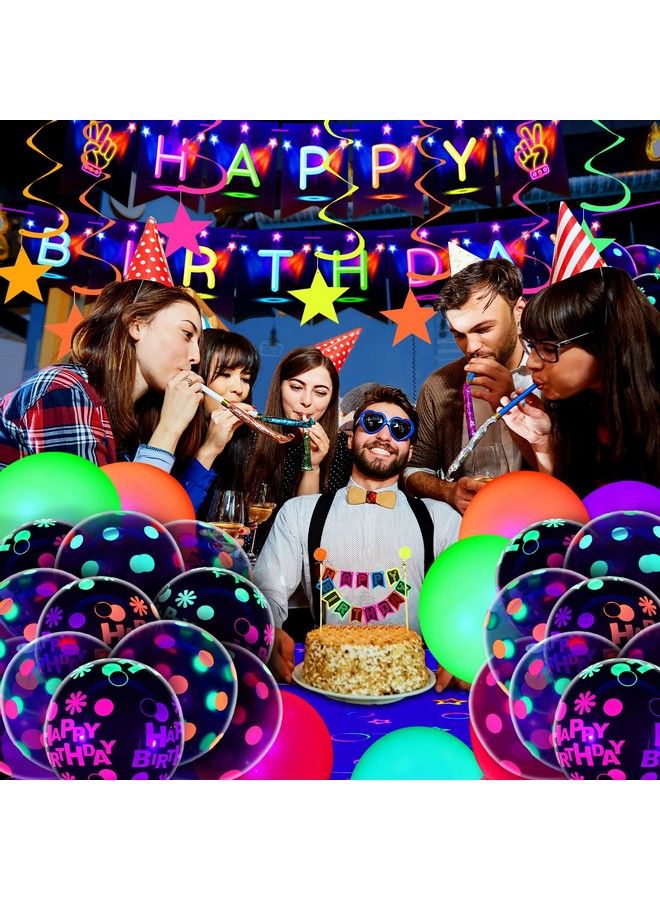 Zhanmai 83 Pieces Glow In The Dark Party Supplies Neon Birthday Party Decorations With Happy Birthday Banner Table Cloth Glow In The Dark Balloons Fluorescent Stars Cake Topper, Under Uv Blacklight Reactive - Image 4