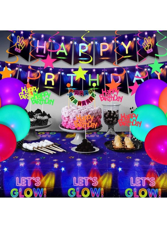 Zhanmai 83 Pieces Glow In The Dark Party Supplies Neon Birthday Party Decorations With Happy Birthday Banner Table Cloth Glow In The Dark Balloons Fluorescent Stars Cake Topper, Under Uv Blacklight Reactive - Image 5