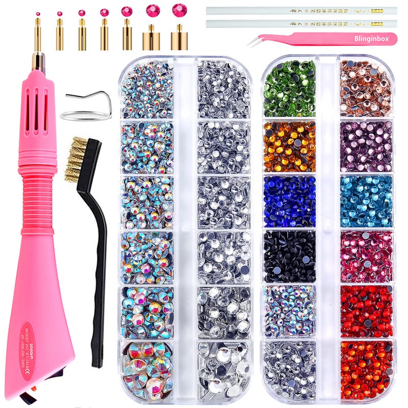 BLINGINBOX أداة تثبيت الأحجار الكريمة BLINGINBOX، مجموعة أدوات تطبيق الأحجار اللامعة مع الأحجار الكريمة، 4000 قطعة، كريستال AB، شفاف، 7 أحجام من الجواهر - Image 1