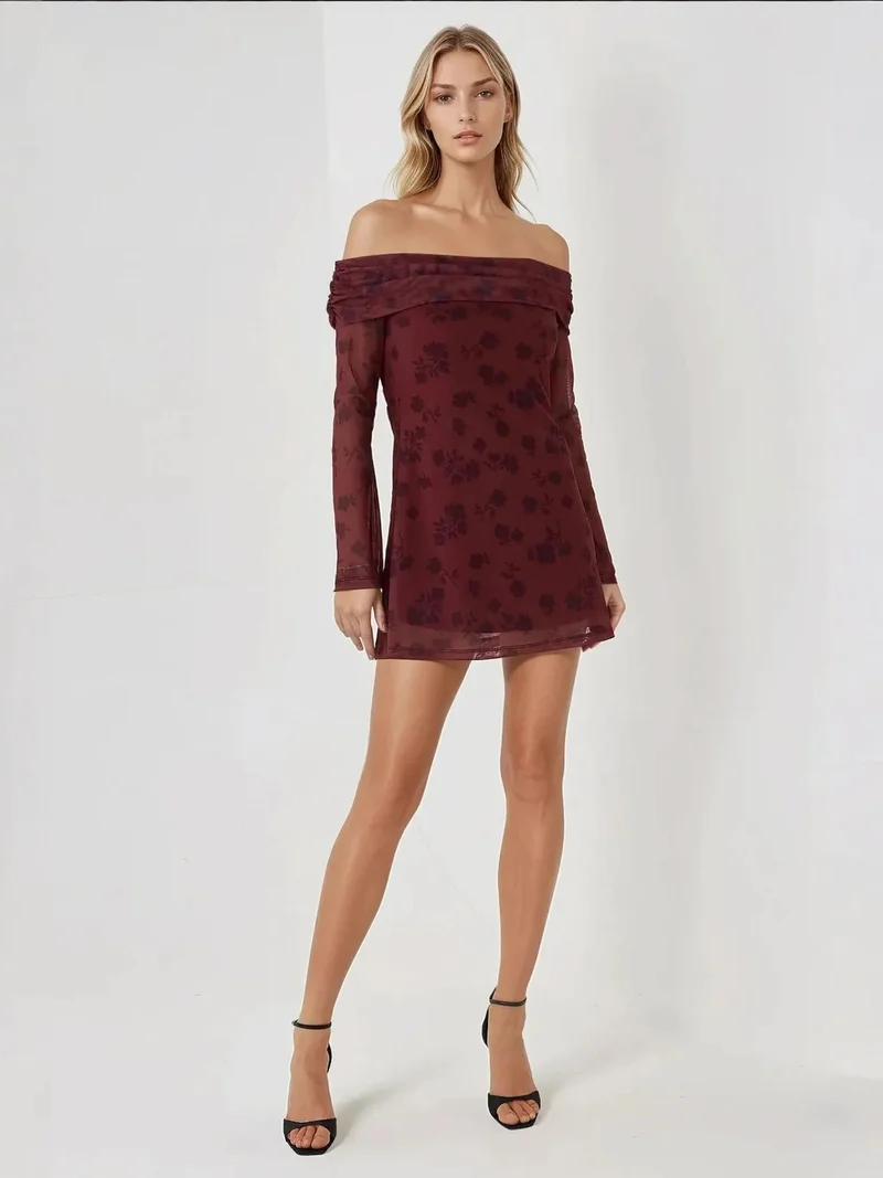 HICCUP Off-Shoulder Bodycon Mini Dress with Floral Pattern