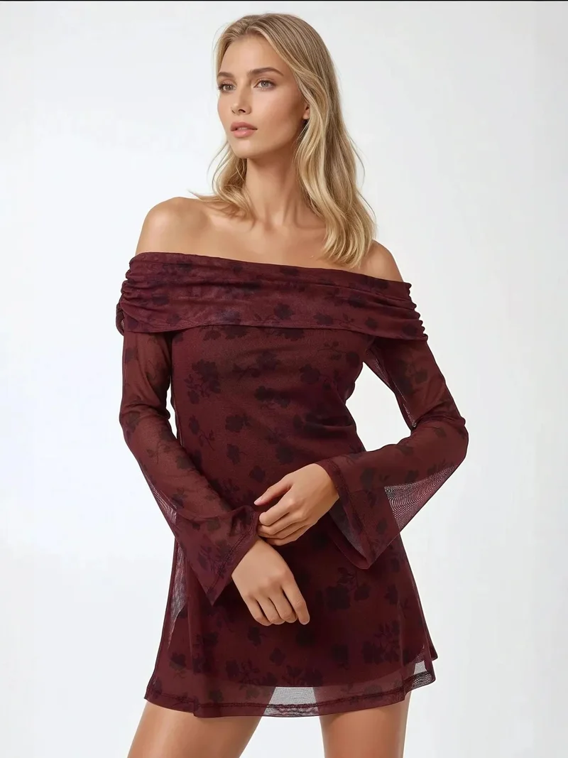 HICCUP Off-Shoulder Bodycon Mini Dress with Floral Pattern