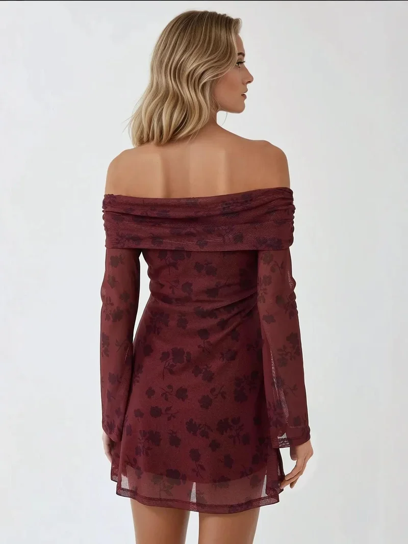 HICCUP Off-Shoulder Bodycon Mini Dress with Floral Pattern