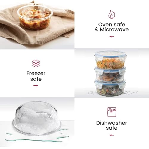 FineDine Food Storage Container - 950ml each|Air-Tight Fridge Organizer Case|Glass Box with BPA-Free Locking Lids|Microwave & Freezer Safe|Leak Proof Food Storage Meal Prep Containers-Set of 3(Round) - Image 3