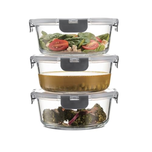 FineDine Food Storage Container - 950ml each|Air-Tight Fridge Organizer Case|Glass Box with BPA-Free Locking Lids|Microwave & Freezer Safe|Leak Proof Food Storage Meal Prep Containers-Set of 3(Round) - Image 1