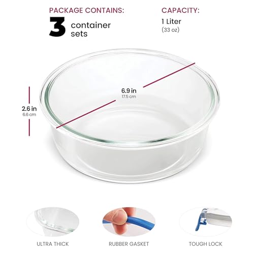 FineDine Food Storage Container - 950ml each|Air-Tight Fridge Organizer Case|Glass Box with BPA-Free Locking Lids|Microwave & Freezer Safe|Leak Proof Food Storage Meal Prep Containers-Set of 3(Round) - Image 4
