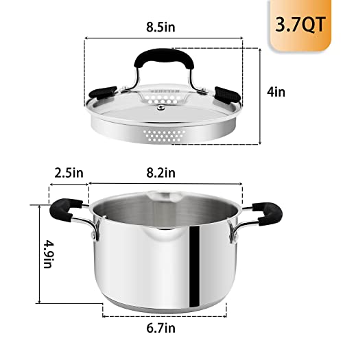 Rorence Stainless Steel Stock Pot with Pour Spout & Silicone Handles & Glass Lid with Strainer - 3.7 Quart - Image 4