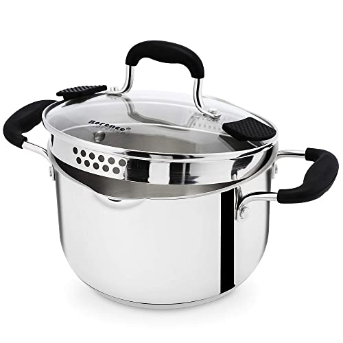 Rorence Stainless Steel Stock Pot with Pour Spout & Silicone Handles & Glass Lid with Strainer - 3.7 Quart - Image 1