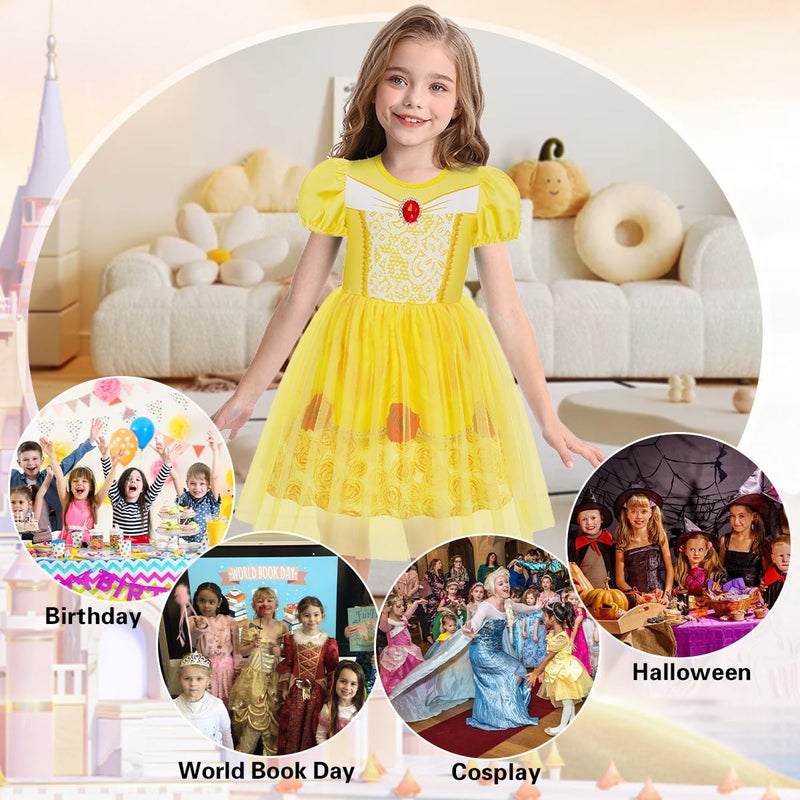 Benylion Princess Dress for Girls Princess Dress up for Girls 4-6 Halloween Fancy Party Cosplay Outfits Birthday Gifts Yellow Puff Sleeve Tulle Dress Size 5-6X - Image 5