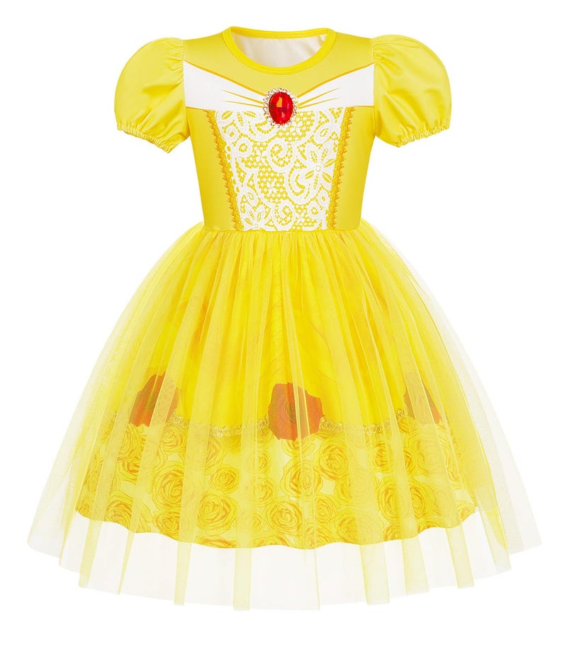 Benylion Princess Dress for Girls Princess Dress up for Girls 4-6 Halloween Fancy Party Cosplay Outfits Birthday Gifts Yellow Puff Sleeve Tulle Dress Size 5-6X - Image 1