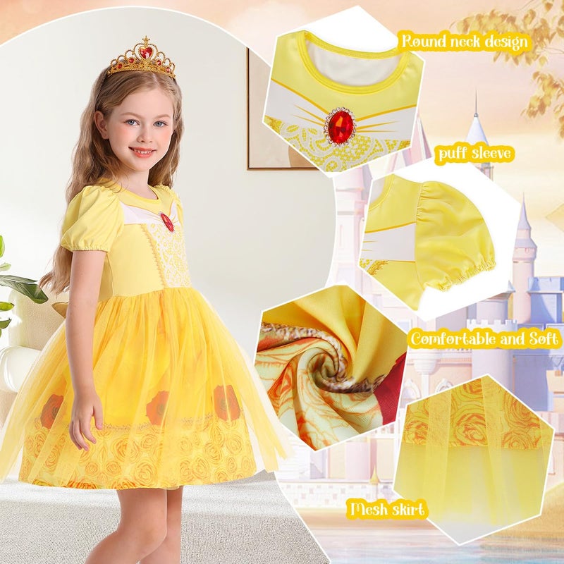 Benylion Princess Dress for Girls Princess Dress up for Girls 4-6 Halloween Fancy Party Cosplay Outfits Birthday Gifts Yellow Puff Sleeve Tulle Dress Size 5-6X - Image 2