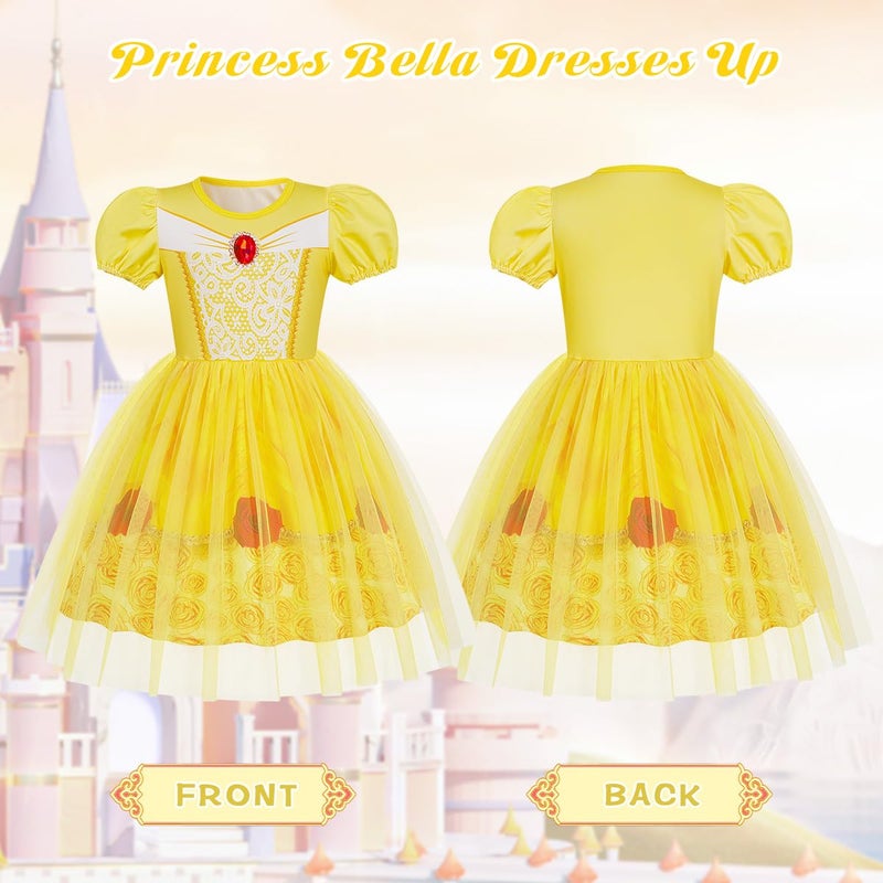 Benylion Princess Dress for Girls Princess Dress up for Girls 4-6 Halloween Fancy Party Cosplay Outfits Birthday Gifts Yellow Puff Sleeve Tulle Dress Size 5-6X - Image 3