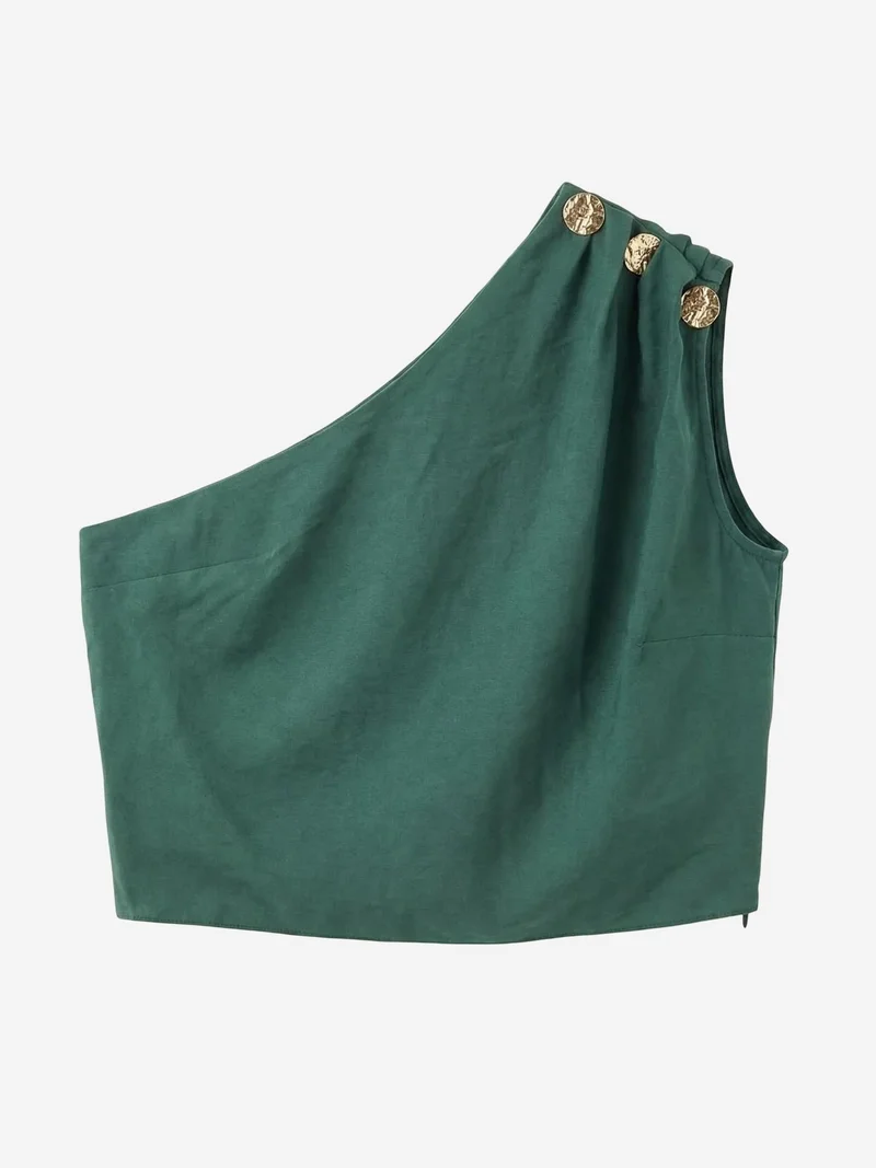 My Fashion Emerald Green MY FASHION Asymmetrical Collar Sleeveless Chiffon Top for Women | Best Price UAE