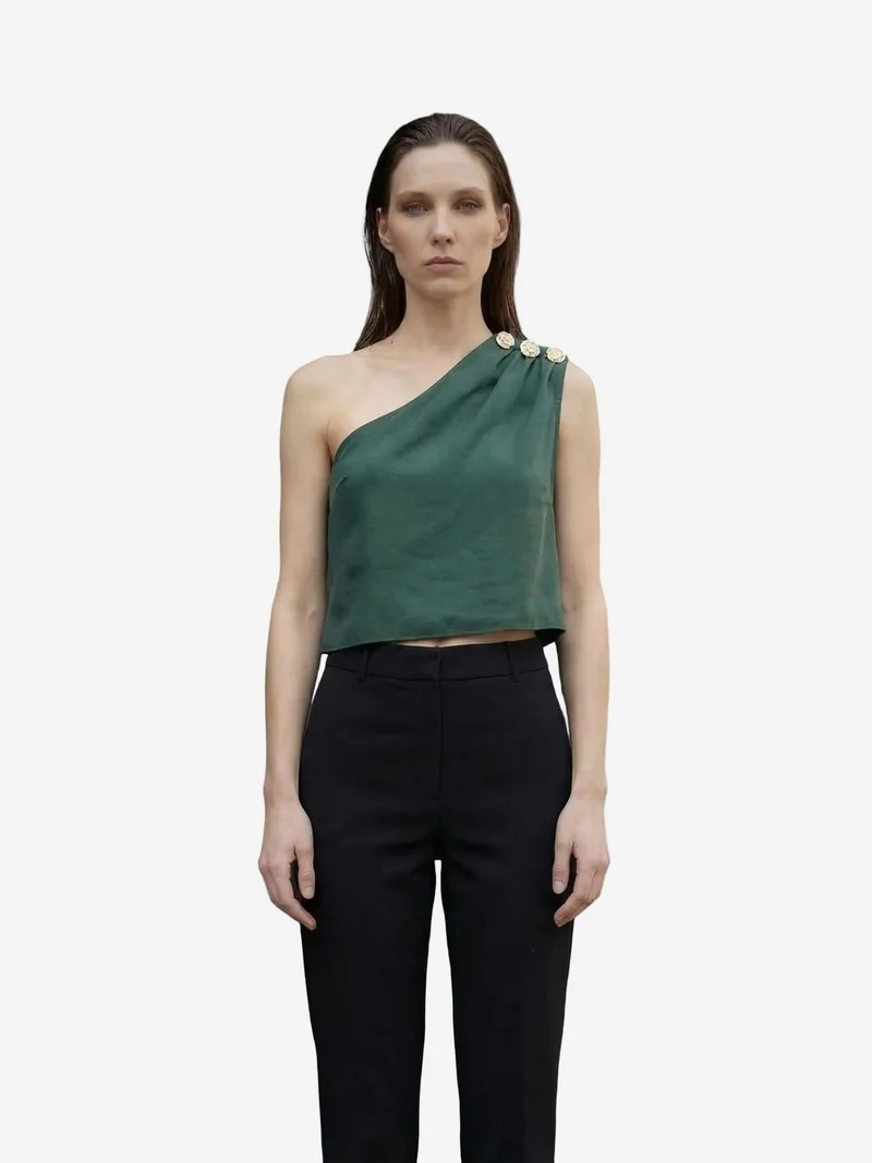 My Fashion Emerald Green MY FASHION Asymmetrical Collar Sleeveless Chiffon Top for Women | Best Price UAE