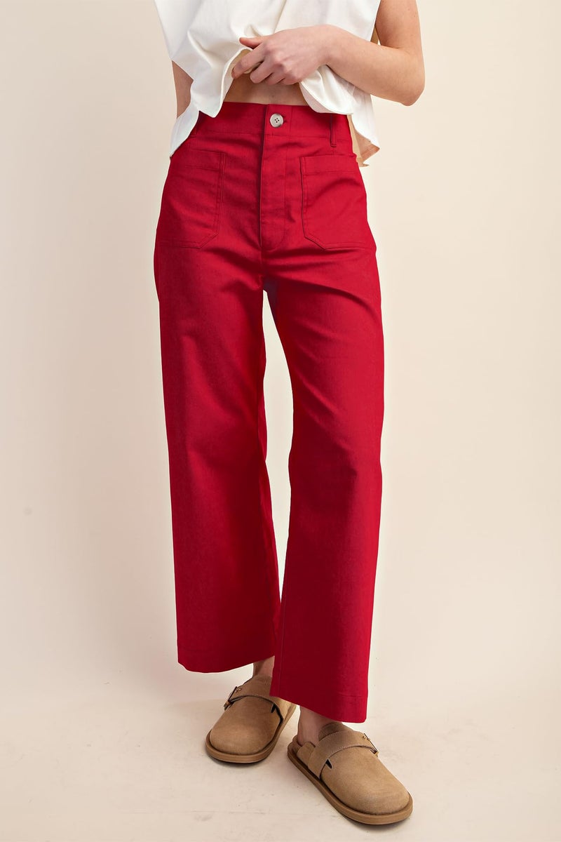 miduo Womens Summer Spring Fashion 2026 Capris Pants Button High Waisted Crop Wide Leg Straight Leg Pants Trousers with Pockets Red 30 - Image 2