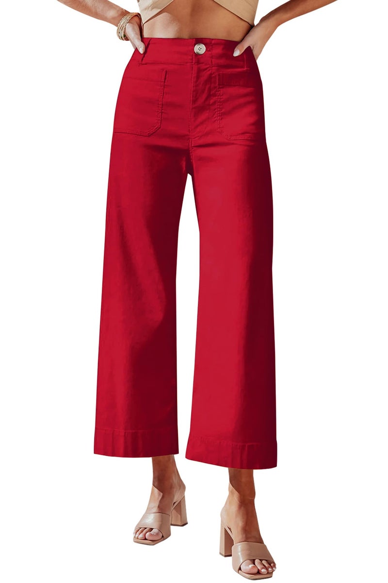 miduo Womens Summer Spring Fashion 2026 Capris Pants Button High Waisted Crop Wide Leg Straight Leg Pants Trousers with Pockets Red 30 - Image 1