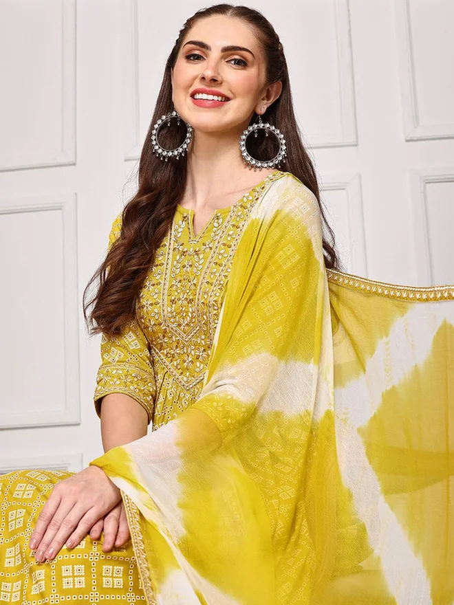 ISHIN ISHIN Mustard Rayon Kurta with Pants and Dupatta Set