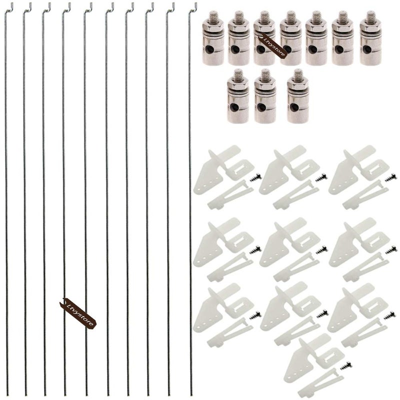 Ltvystore 10Pcs Adjustable Pushrod Connector Linkage Stopper 1.3mm & 10Pcs Nylon Control Horns 21x10 mm & 10Pcs 1.2 x 210mm Z Push Rods Parts Compatible for RC Airplane Plane Boat Replacement - Image 1