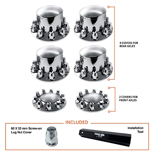 TORQUE Chrome Front and Rear Axle Complete Wheel Cover Set 33mm Screw-on Lug Nut Covers for Semi Trucks (Installation Tool Included) Standart Hub Caps Kit (2 Front & 4 Rear) (TR082) - Image 3