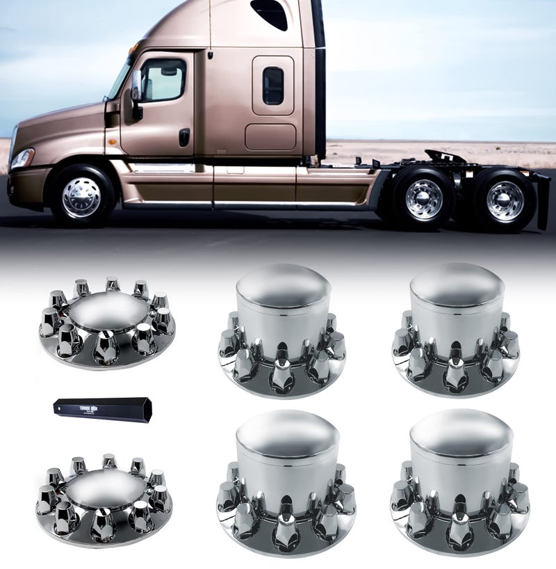 TORQUE Chrome Front and Rear Axle Complete Wheel Cover Set 33mm Screw-on Lug Nut Covers for Semi Trucks (Installation Tool Included) Standart Hub Caps Kit (2 Front & 4 Rear) (TR082) - Image 1