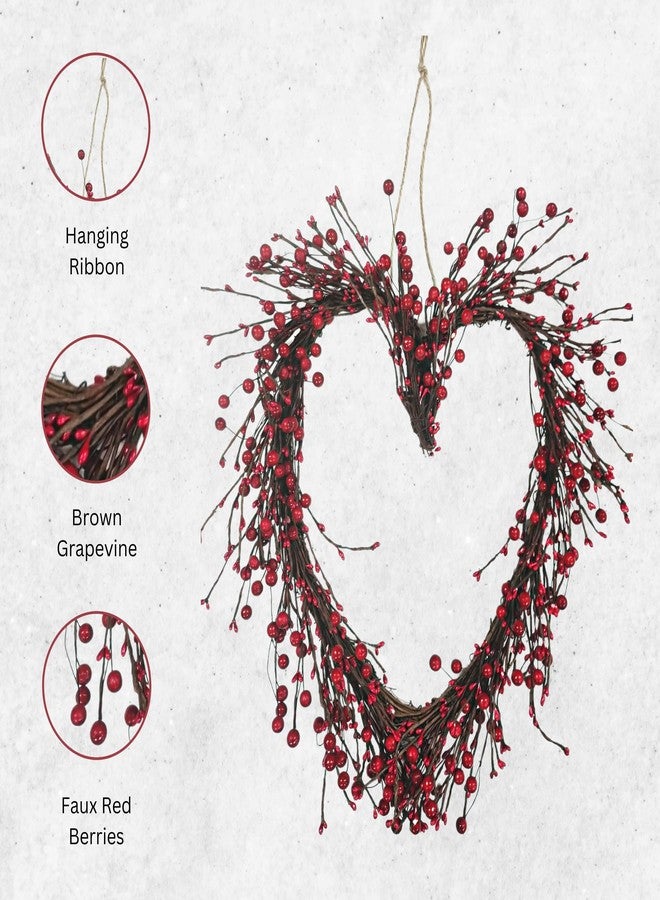 4E's Novelty Valentines Day Wreath - 15" Heart Grapevine Wreath with Red Berries for Valentines Day Indoor Outdoor Decorations - Image 4