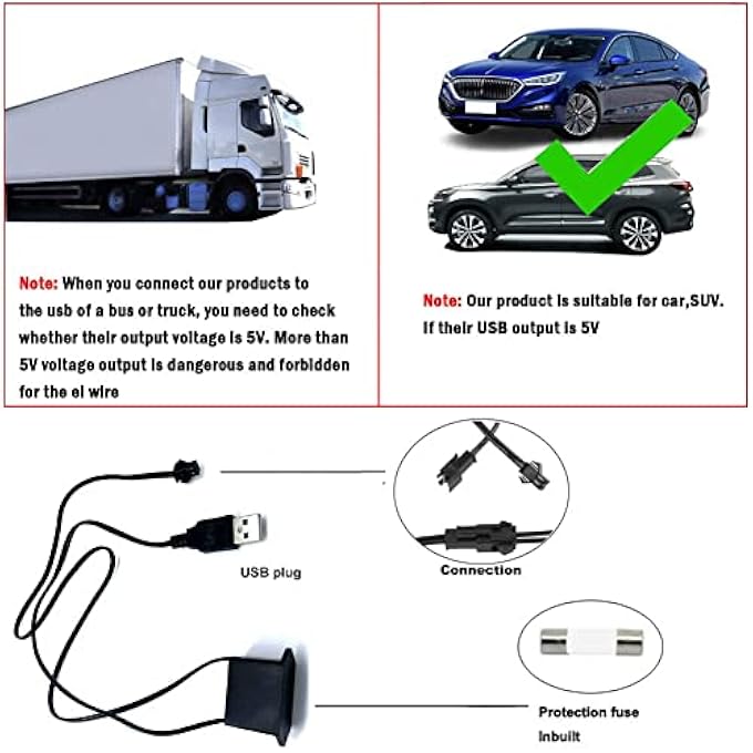 ميكينج تك شريط إضاءة ليد داخلي للسيارة من El Wire مزود بمنفذ USB وإضاءة نيون باردة محيطة مع حافة خياطة 6 مم ومجموعة إضاءة محيطة لتزيين الجزء الداخلي للسيارة وديكورات الحدائق 5 أمتار و164 قدمًا باللون الأزرق الفاتح - Image 5