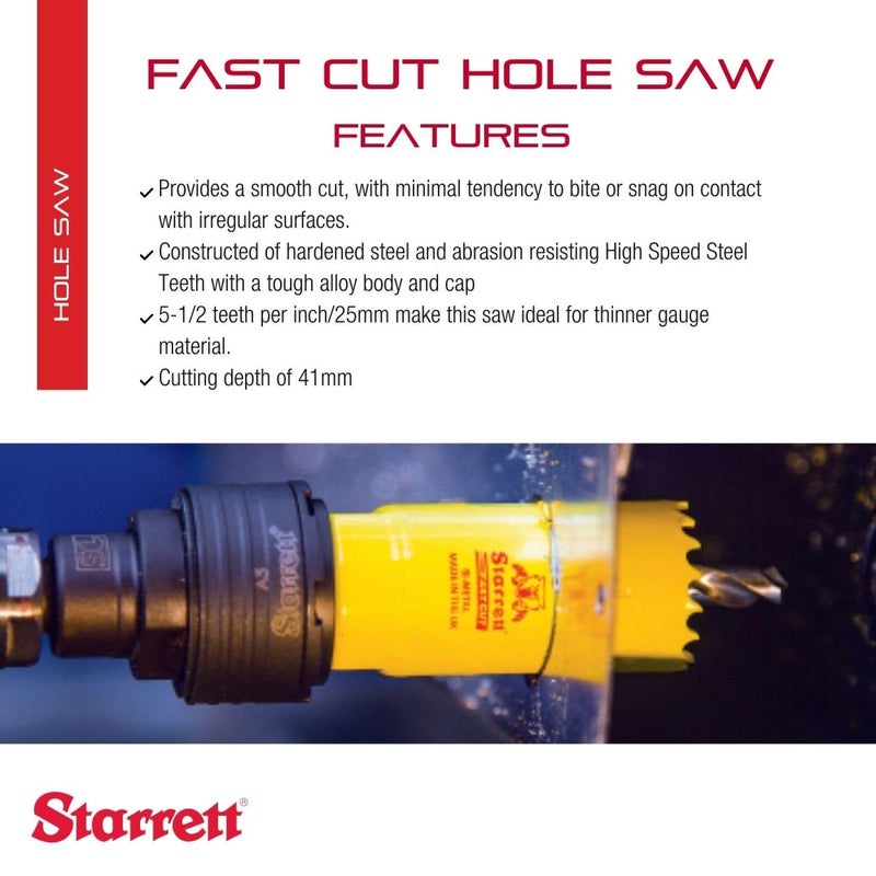 Starrett Starrett BiMetal Fast Cut Straight Pitch Hole Saw with Abrasion Resistant HSS Teeth  Ideal for Cutting Metal Steel and Wood  112 38mm Diameter 158 41mm Depth  FCH0112G  - Image 2