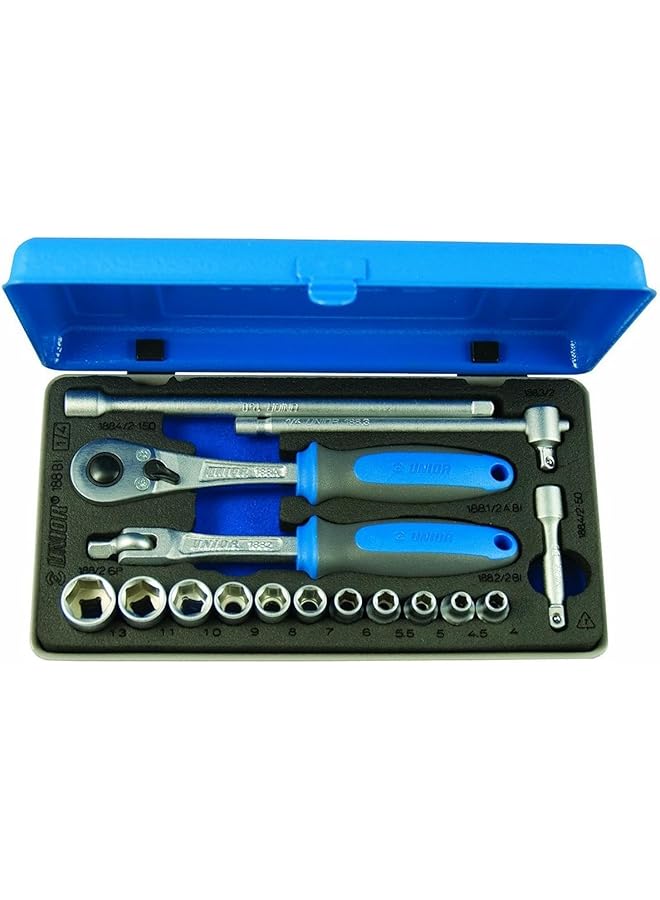 Unior 611996 Socket Set 1 4" Inch Metal Box 11X Socket 1 4" Dim. 4 To 13 1X Reversible Ratchet 1 4" 1X Swivel Handle 1X Sliding T Handle 2X Extension Bar 55 150Mm  - Image 1