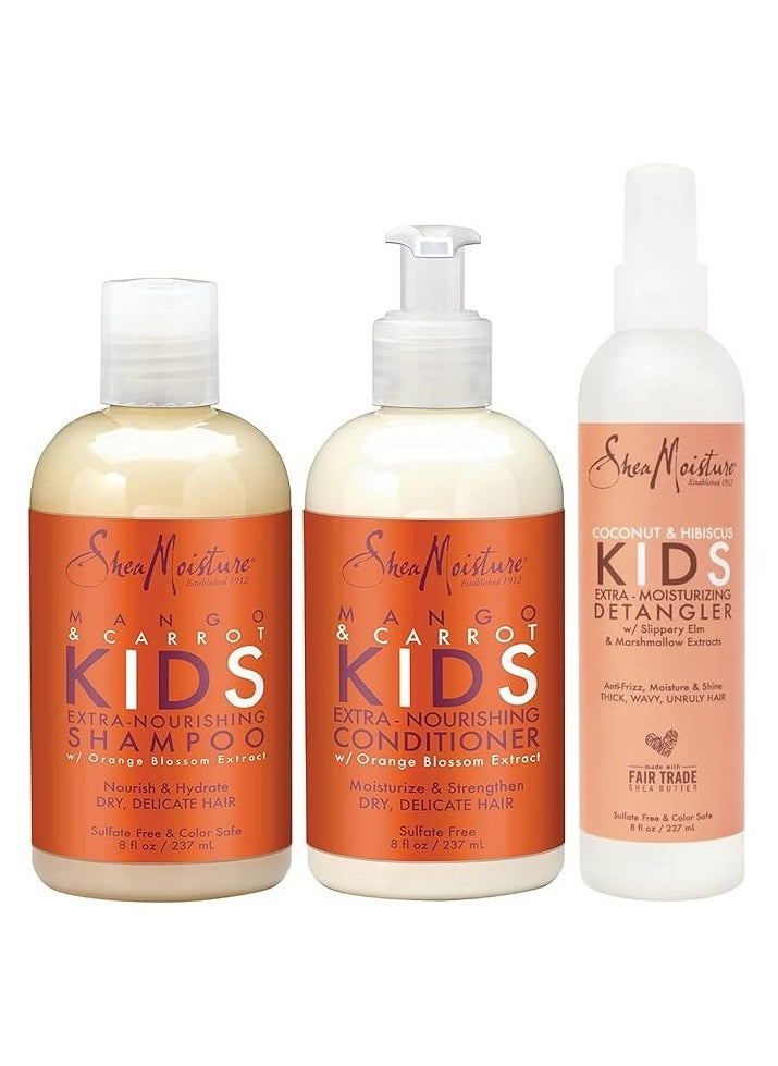 رطوبة الشيا مجموعة العناية بالشعر للأطفال من SHEA MOISTURE - تتضمن شامبو مغذي للغاية للأطفال بنكهة المانجو والجزر 8 أونصة، وبلسم مغذي للغاية للأطفال 8 أونصة، ومزيل تشابك الشعر بنكهة جوز الهند والكركديه 8 أونصة  - Image 1