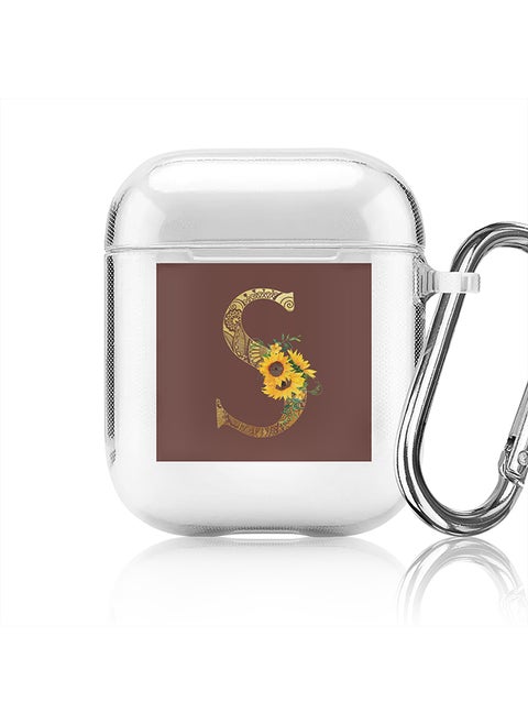 Classic Clear printed Case for Apple Airpods 2 / 1 Soft TPU Gel Thin Transparent Flexible Cover - Custom Monogram Initial Letter Mandala Floral Pattern Alphabet - S (Brown )
