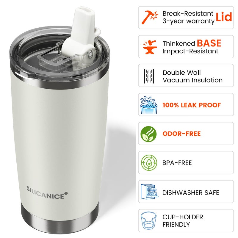 SILICANICE 20oz Insulated Tumbler with Straw, Leakproof Lid & Removable Spout, Stainless Steel, BPA & Odor Free, Car Cup Holder Friendly, Gym Office Home -Cream - Image 4