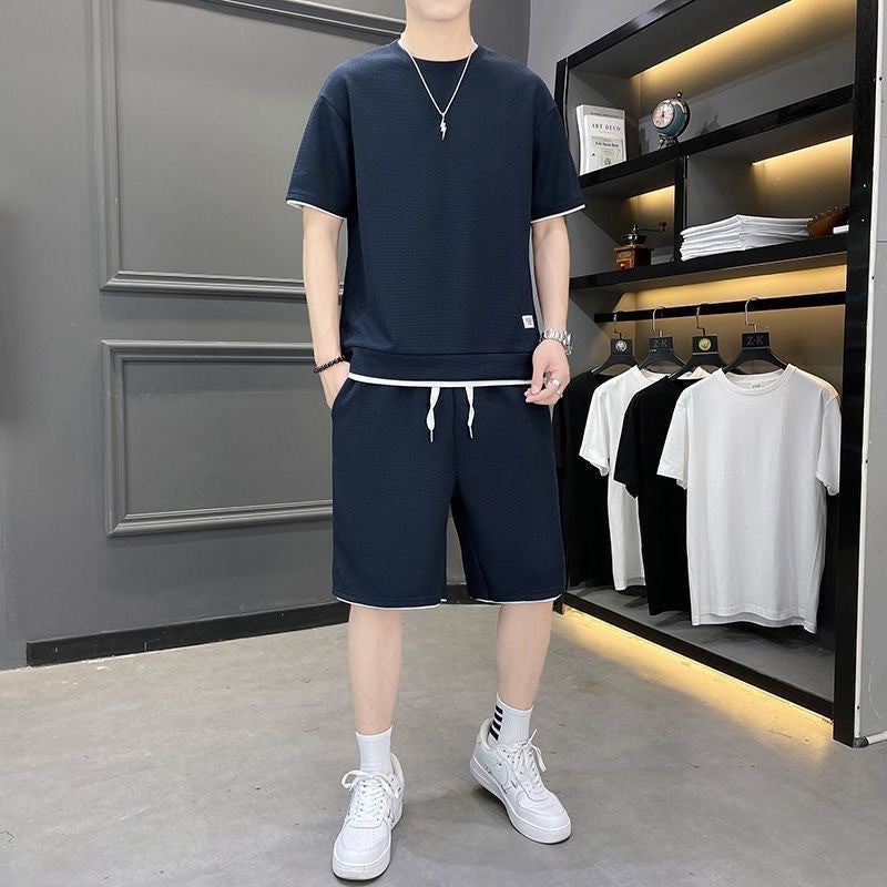 Waffled Casual Trendy Men'S Summer Ice Silk Short-Sleeved T-Sleeve Two-Piece Set Classic Casual Sports Pants Suit - Image 2